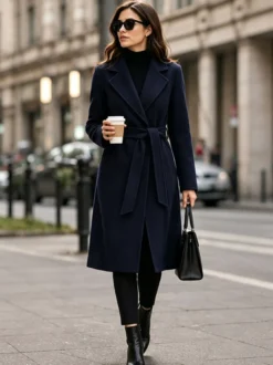 Manteau long classique en laine pour femme coupe portefeuille ceinture revers pointus trench-coat en laine double face