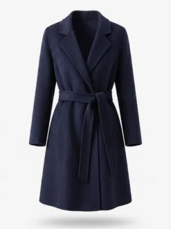 Manteau long classique en laine pour femme coupe portefeuille ceinture revers pointus trench-coat en laine double face