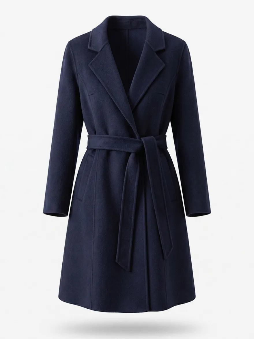 Manteau long classique en laine pour femme coupe portefeuille ceinture revers pointus trench-coat en laine double face