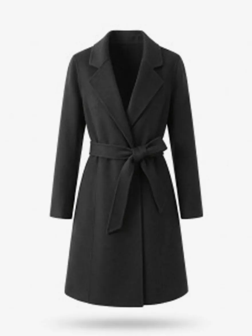 Manteau long classique en laine pour femme coupe portefeuille ceinture revers pointus trench-coat en laine double face