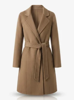 Manteau long classique en laine pour femme coupe portefeuille ceinture revers pointus trench-coat en laine double face