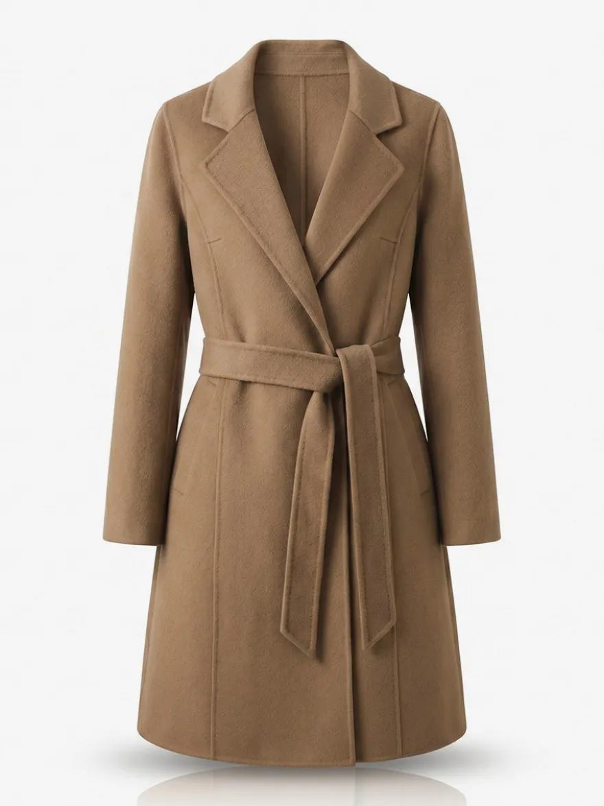 Manteau long classique en laine pour femme coupe portefeuille ceinture revers pointus trench-coat en laine double face