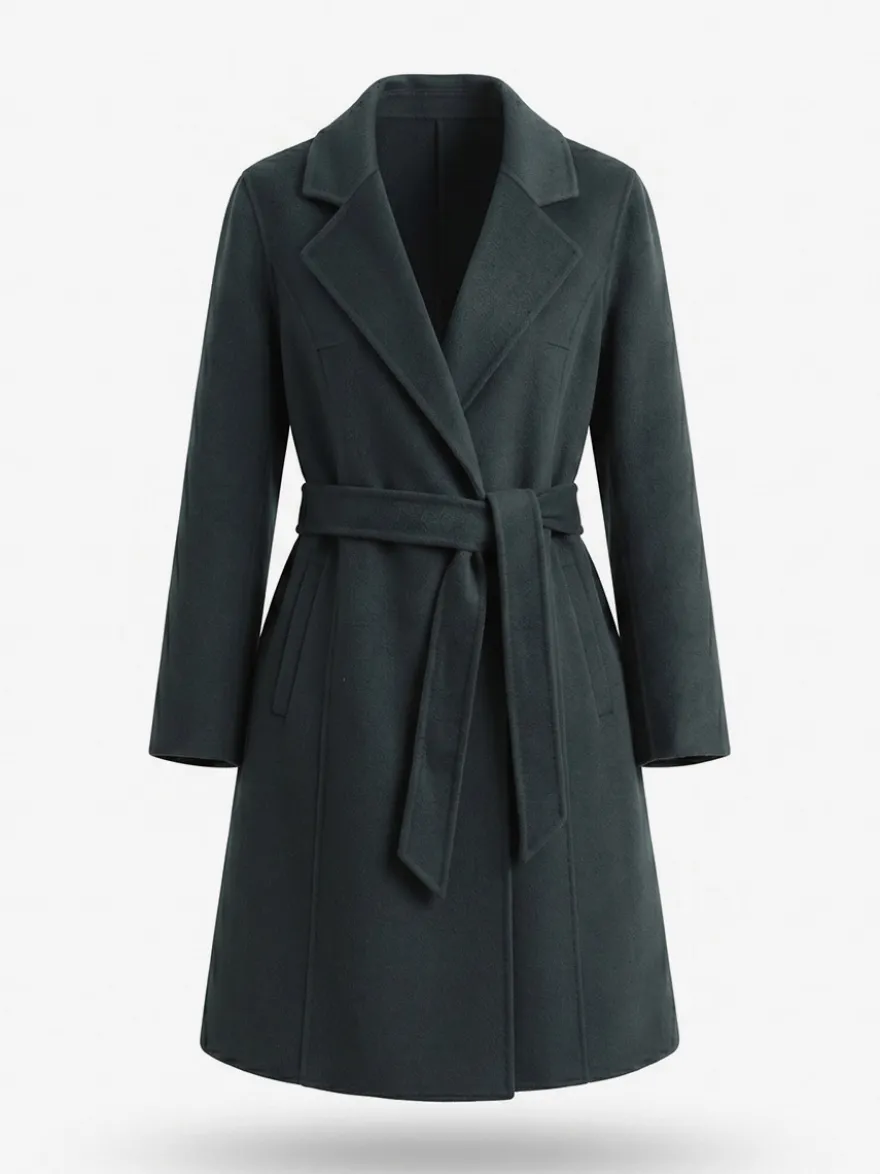 Manteau long classique en laine pour femme coupe portefeuille ceinture revers pointus trench-coat en laine double face