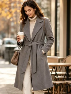 Manteau long classique en laine pour femme coupe portefeuille ceinture revers pointus trench-coat en laine double face