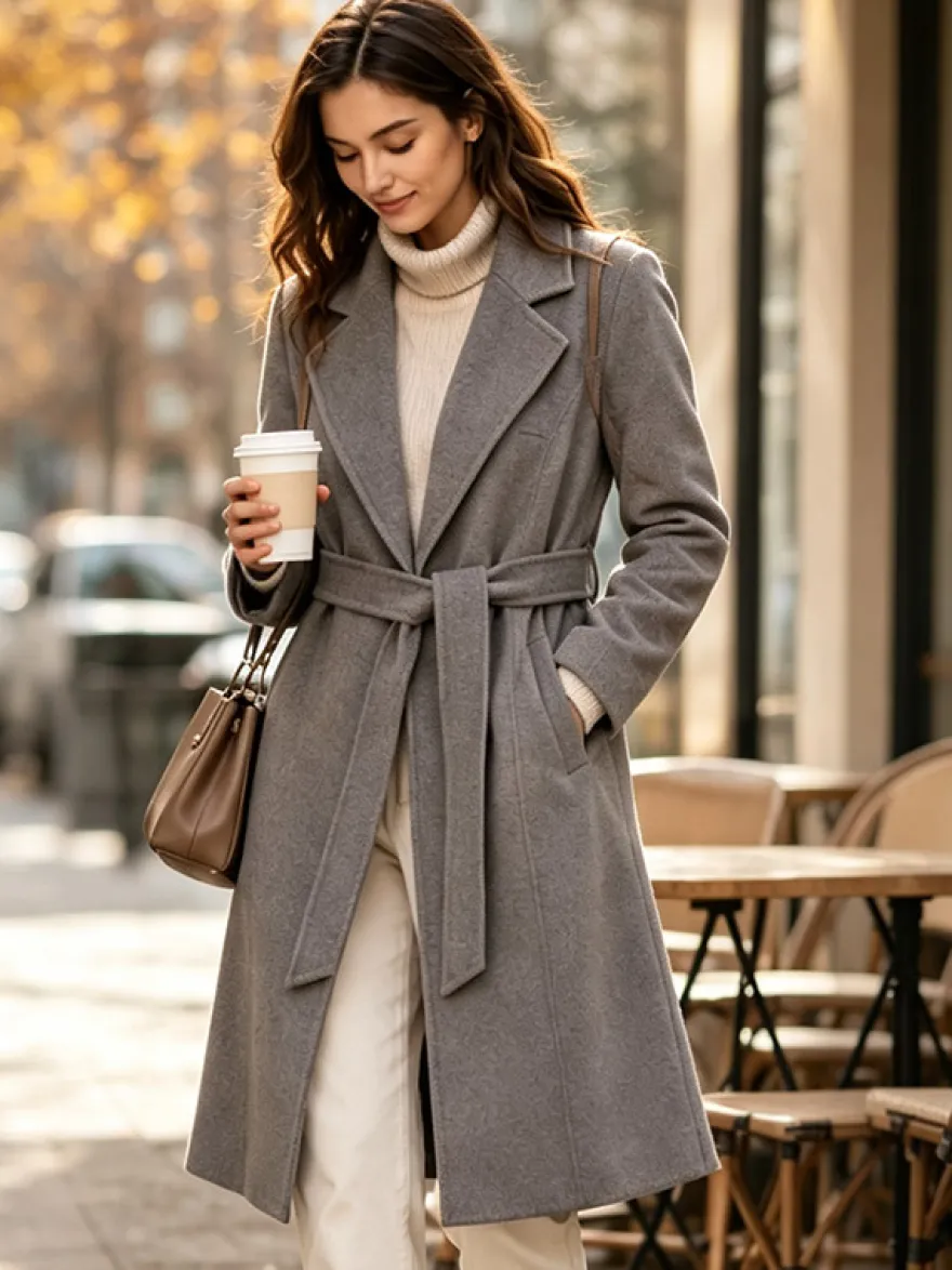 Manteau long classique en laine pour femme coupe portefeuille ceinture revers pointus trench-coat en laine double face
