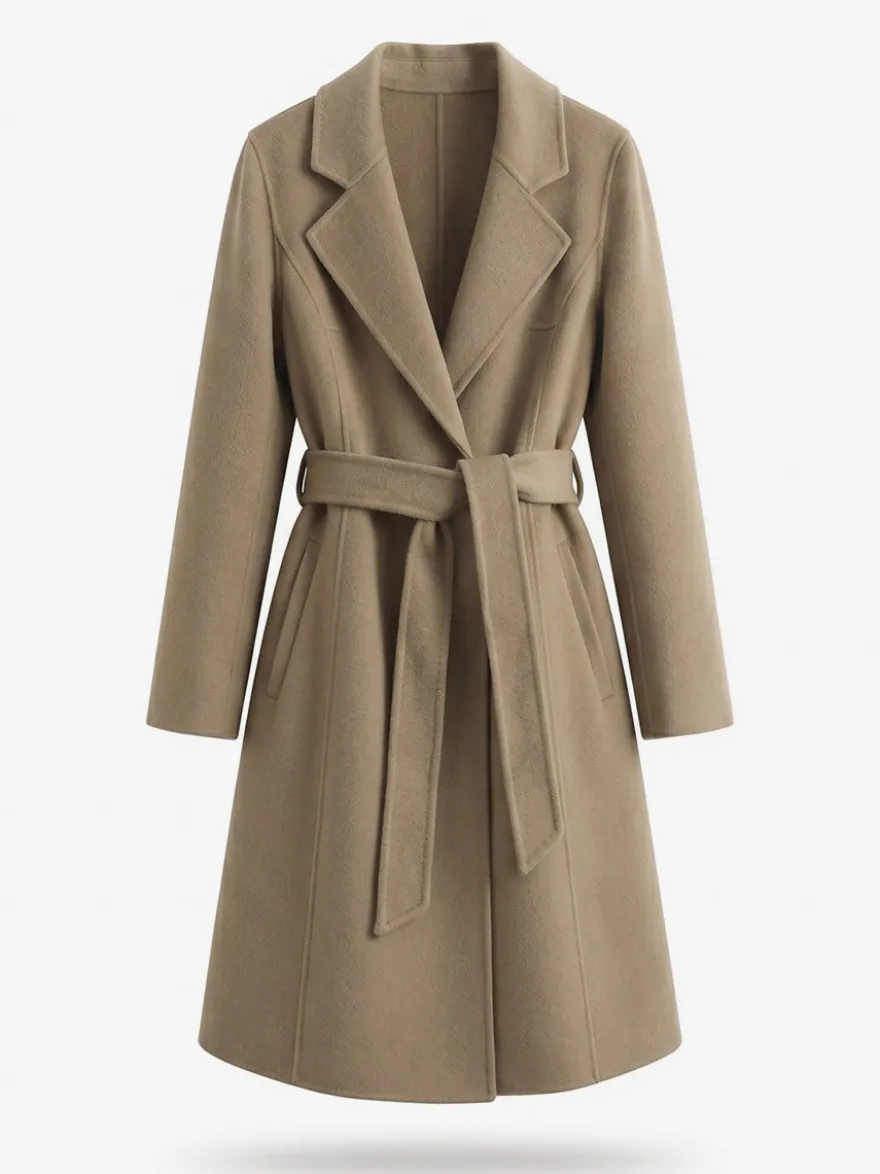 Manteau long classique en laine pour femme coupe portefeuille ceinture revers pointus trench-coat en laine double face