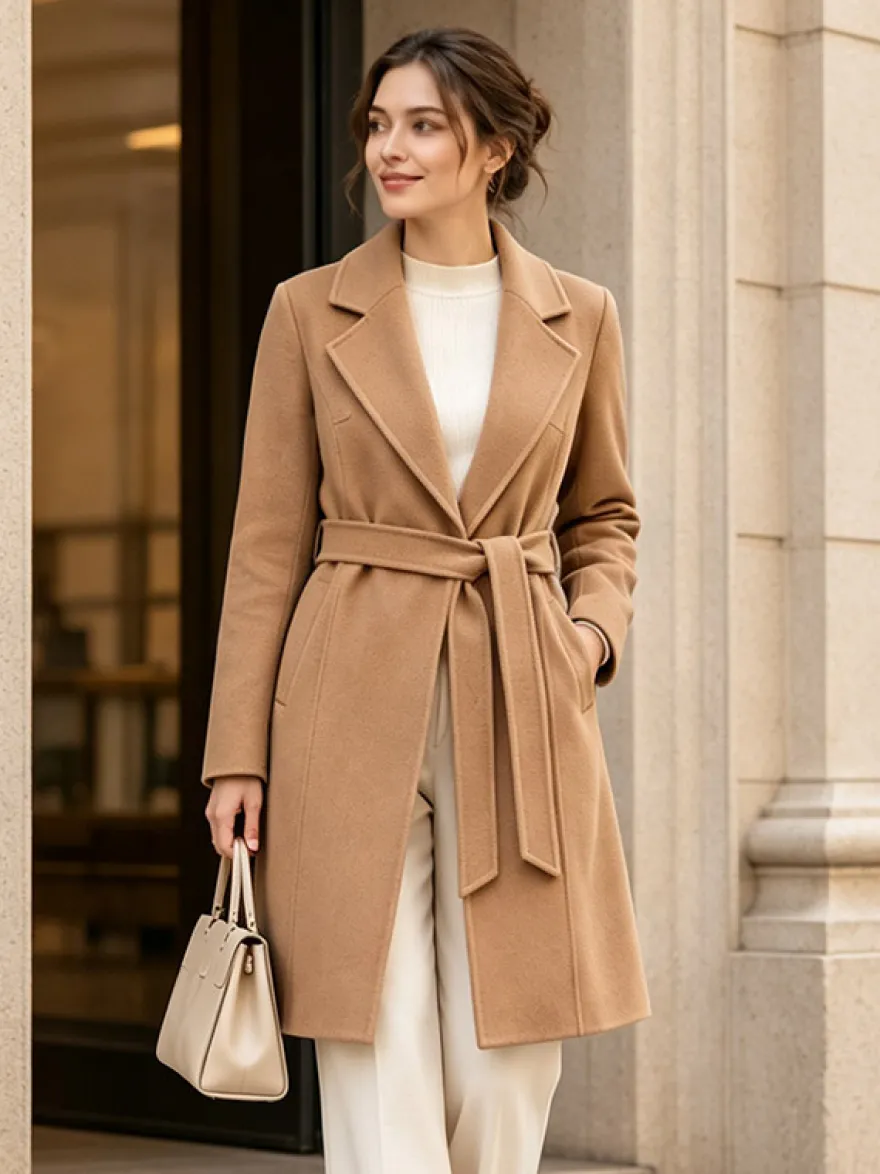 Manteau long classique en laine pour femme coupe portefeuille ceinture revers pointus trench-coat en laine double face