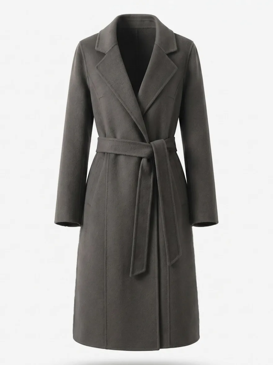 Manteau long classique en laine pour femme coupe portefeuille ceinture revers pointus trench-coat en laine double face