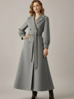 Manteau long croisé en laine avec ceinture et manches bouffantes pour femme 2026