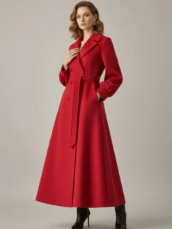 Manteau long croisé en laine avec ceinture et manches bouffantes pour femme 2026
