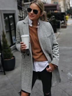 Manteau Mi-long Femme avec Manches Longues avec Poches Unicolore