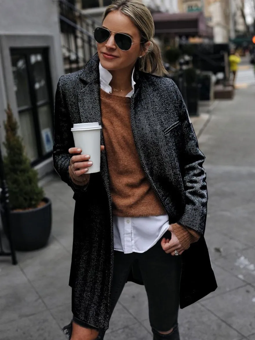 Manteau Mi-long Femme avec Manches Longues avec Poches Unicolore