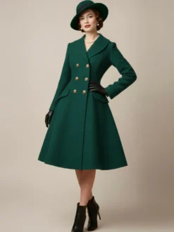 Manteau mi-long évasé en laine coupe trapèze croisé style vintage pour femme (collection 2026)