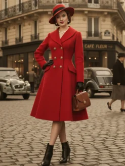 Manteau mi-long évasé en laine coupe trapèze croisé style vintage pour femme (collection 2026)