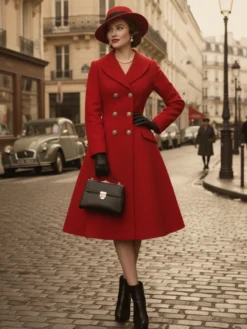 Manteau mi-long évasé en laine coupe trapèze croisé style vintage pour femme (collection 2026)