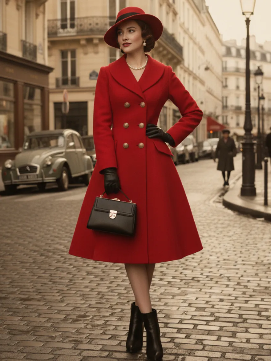 Manteau mi-long évasé en laine coupe trapèze croisé style vintage pour femme (collection 2026)