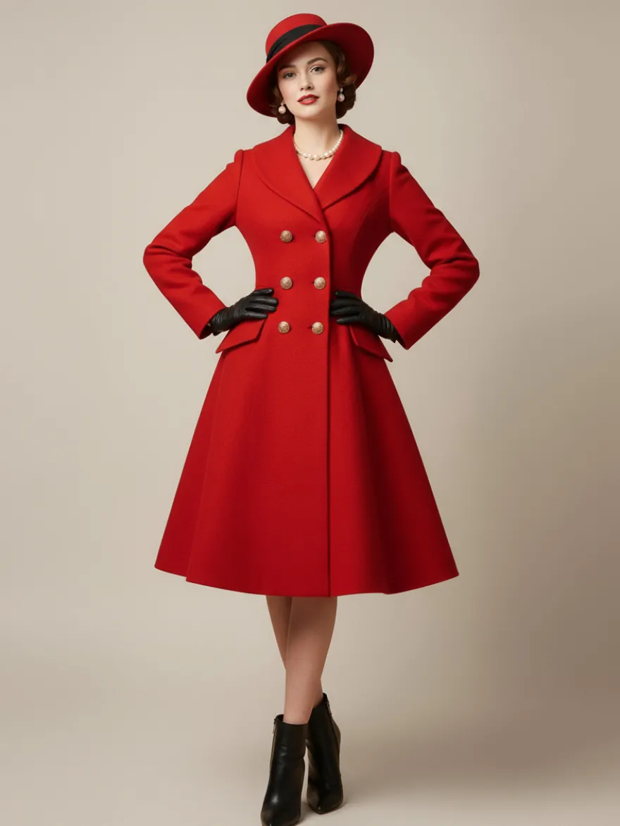 Manteau mi-long évasé en laine coupe trapèze croisé style vintage pour femme (collection 2026)