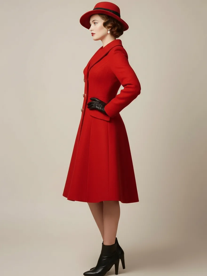 Manteau mi-long évasé en laine coupe trapèze croisé style vintage pour femme (collection 2026)