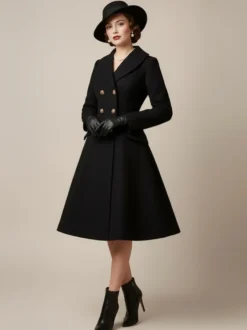 Manteau mi-long évasé en laine coupe trapèze croisé style vintage pour femme (collection 2026)