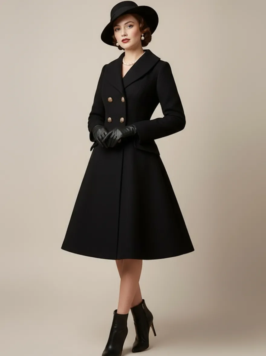 Manteau mi-long évasé en laine coupe trapèze croisé style vintage pour femme (collection 2026)
