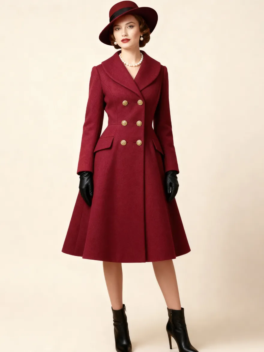 Manteau mi-long évasé en laine coupe trapèze croisé style vintage pour femme (collection 2026)