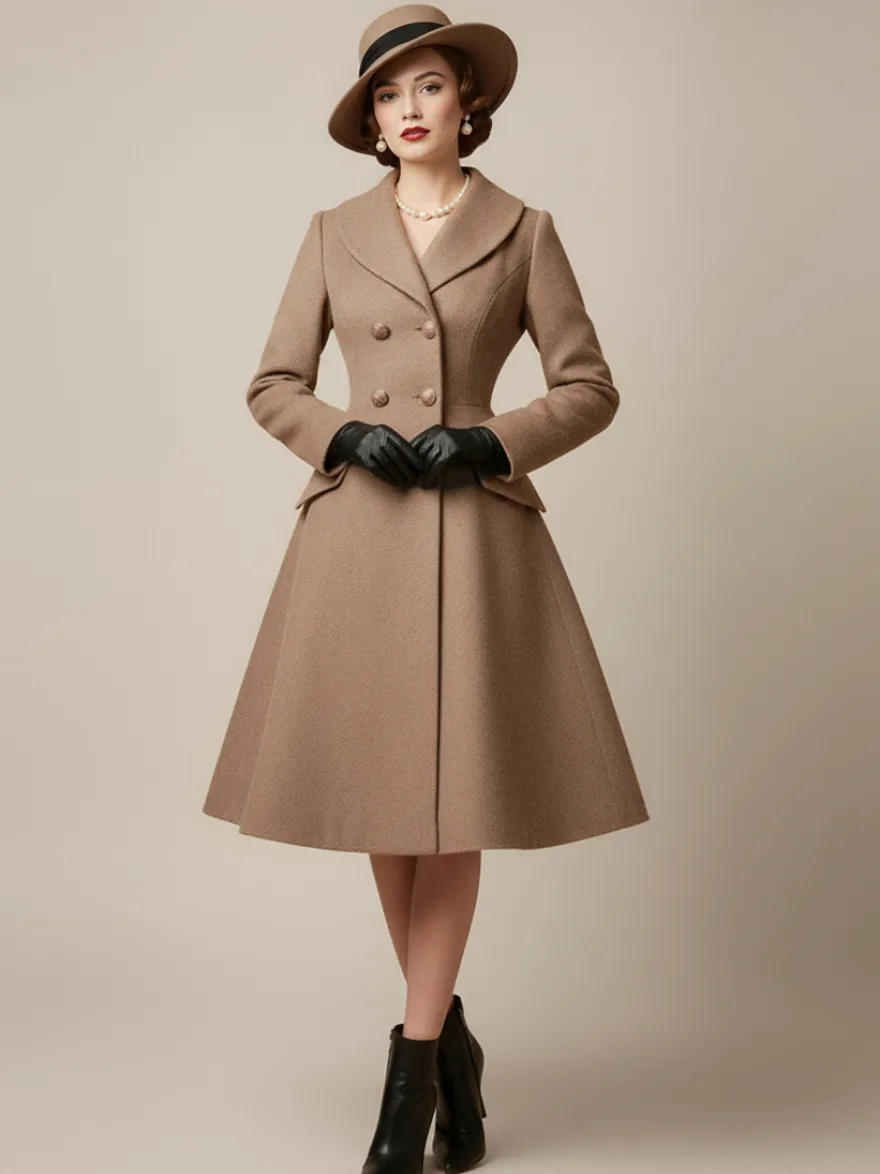 Manteau mi-long évasé en laine coupe trapèze croisé style vintage pour femme (collection 2026)