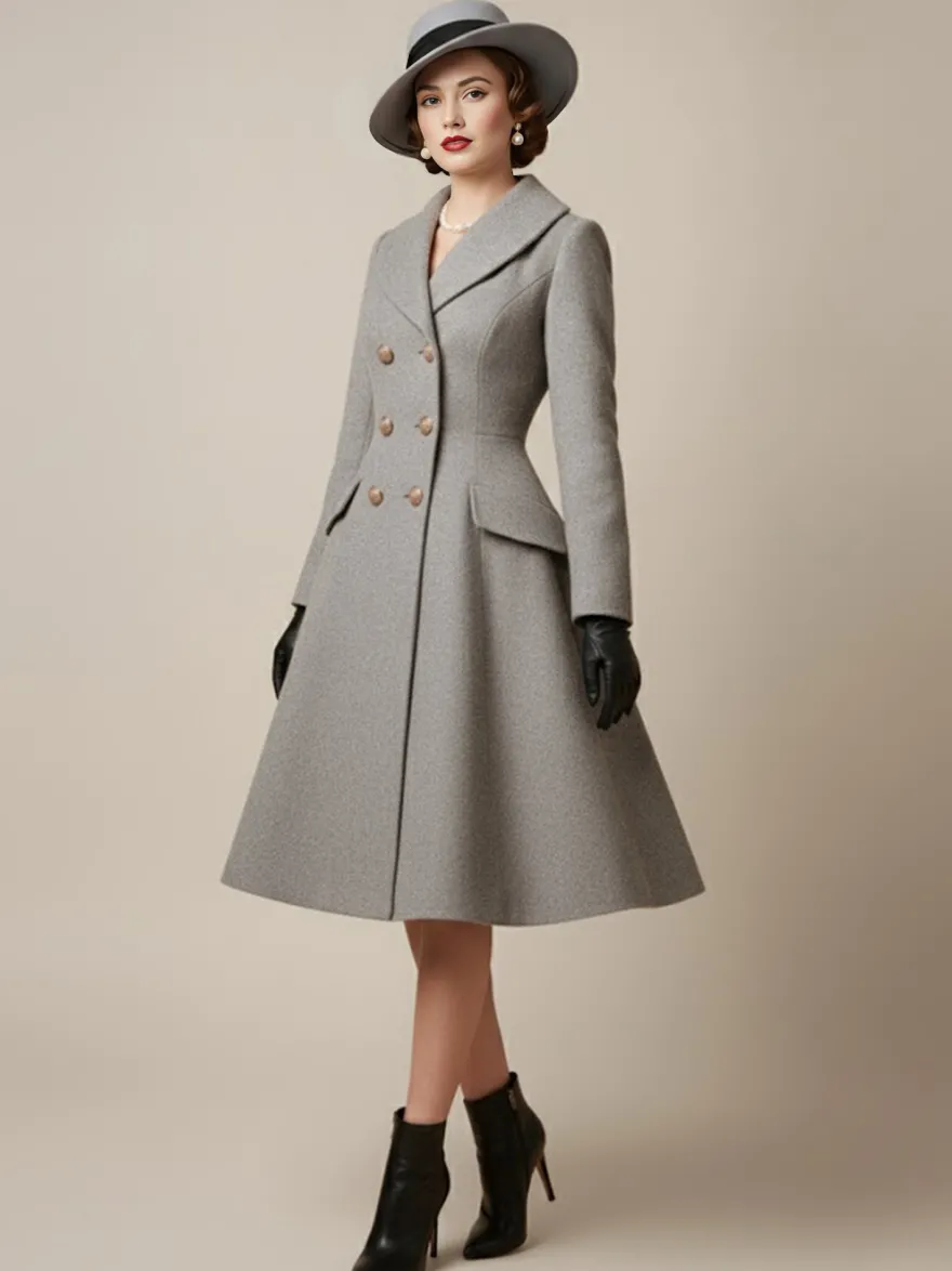 Manteau mi-long évasé en laine coupe trapèze croisé style vintage pour femme (collection 2026)