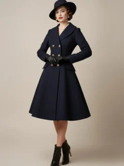 Manteau mi-long évasé en laine coupe trapèze croisé style vintage pour femme (collection 2026)