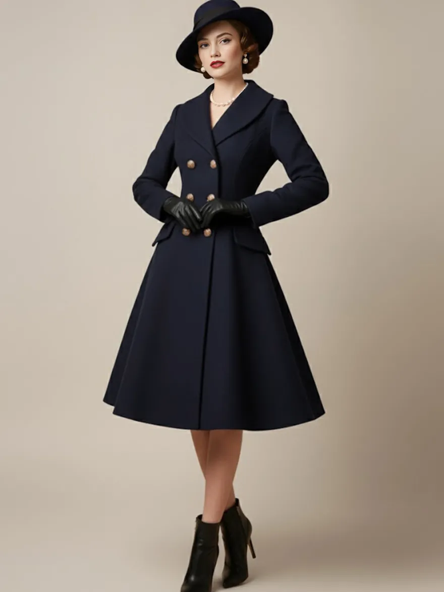 Manteau mi-long évasé en laine coupe trapèze croisé style vintage pour femme (collection 2026)