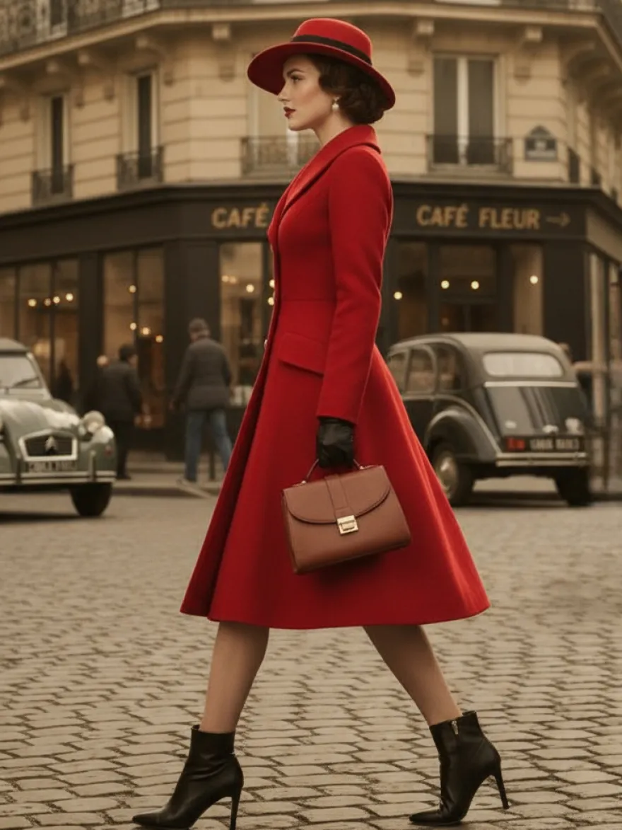 Manteau mi-long évasé en laine coupe trapèze croisé style vintage pour femme (collection 2026)
