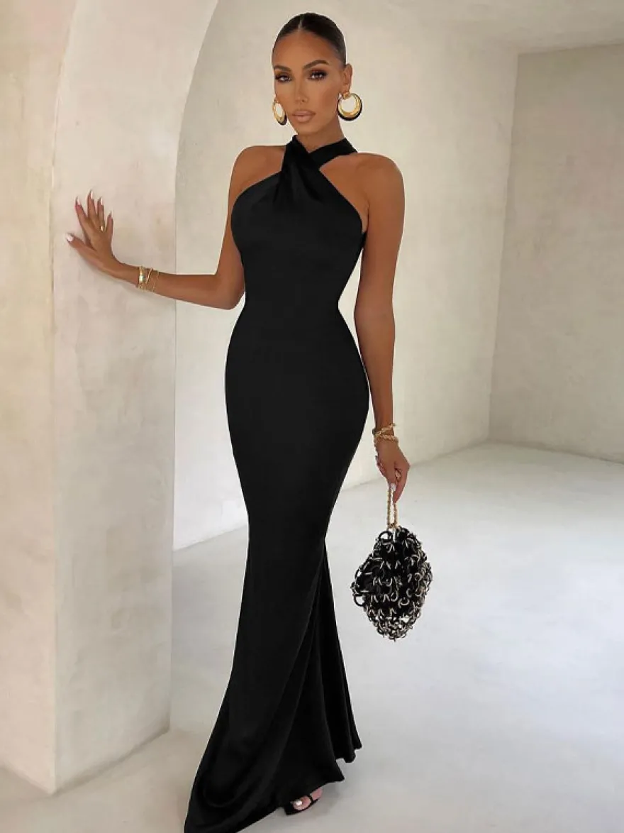 Maxi Robe Sans Manches Sexy Stretch Robe Longue Moulante Dos Nu