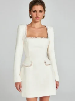 Mini robe à col en U et manches longues pour femme tenue de soirée d'anniversaire semi-formelle 2026