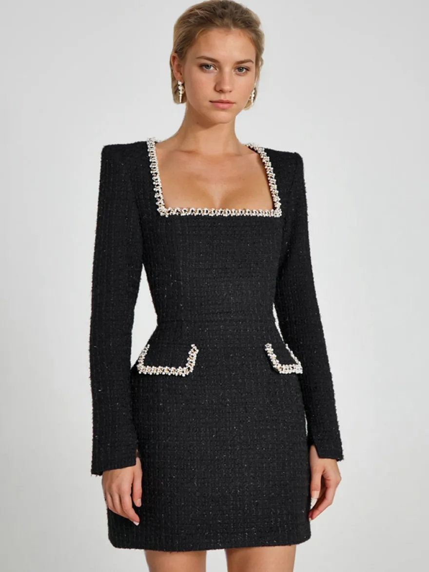 Mini robe à col en U et manches longues pour femme tenue de soirée d'anniversaire semi-formelle 2026