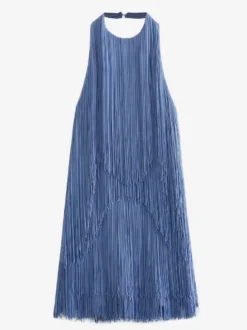 Mini-robe à franges et pompons dos nu et décolleté licou pour soirée 2026