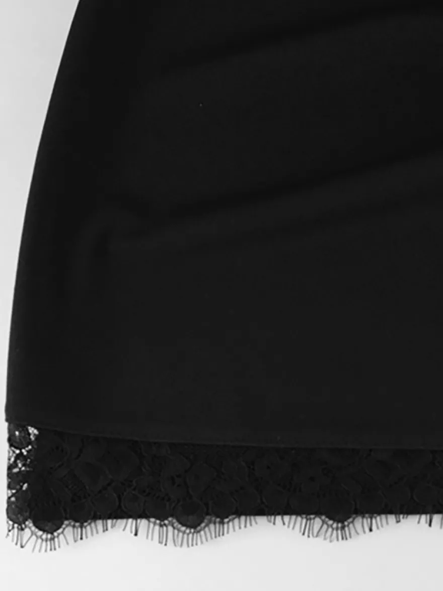 Mini robe moulante noire avec bordure en dentelle et col haut - Robe de club sexy pour femme 2026