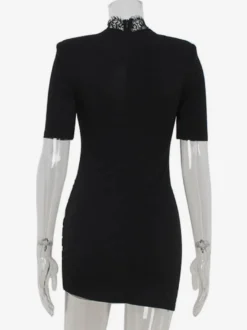 Mini robe moulante noire avec bordure en dentelle et col haut - Robe de club sexy pour femme 2026