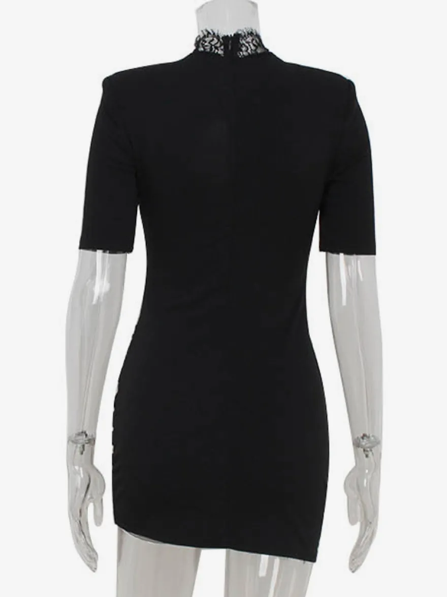Mini robe moulante noire avec bordure en dentelle et col haut - Robe de club sexy pour femme 2026