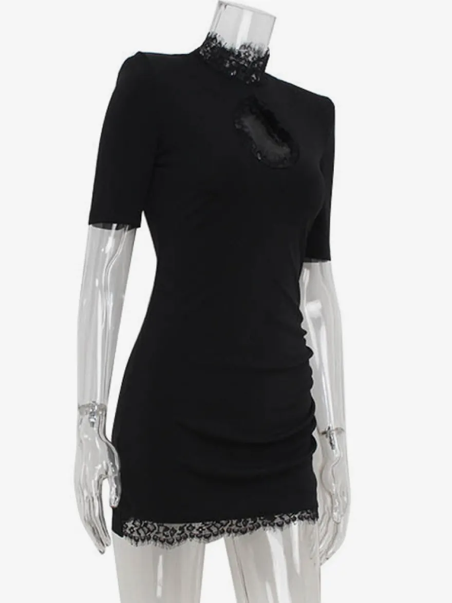 Mini robe moulante noire avec bordure en dentelle et col haut - Robe de club sexy pour femme 2026