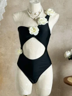 Monokini une pièce à fleurs 3D asymétrique échancré à la taille et décolleté plongeant