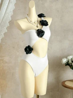 Monokini une pièce à fleurs 3D asymétrique échancré à la taille et décolleté plongeant