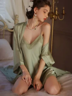 Nuisette en satin et dentelle à col en V avec peignoir assorti ensemble 2 pièces pour femme lingerie de nuit