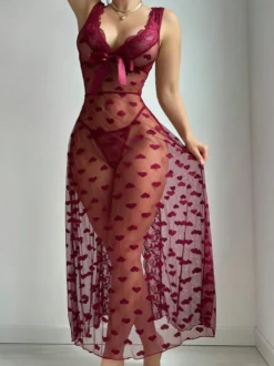 Nuisette longue bordeaux en dentelle dos nu dentelle transparente à imprimé cœur style babydoll lingerie sexy