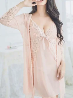 Nuisettes Ensembles 3 Pièces en Mousselines Robe avec Bretelles à Col Décolleté en V avec Nœud Veste Manches Longues Sexy