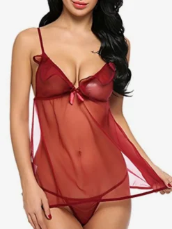 Nuisettes Lingerie Femme Noir Plissé Transparent Mousseline Pyjama Sexy