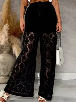 Pantalon blanc taille haute en dentelle florale à jambes larges