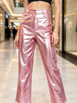 Pantalon de soirée décontracté argenté métallisé brillant à fente sur le devant taille haute en similicuir réfléchissant jambes larges pour femme