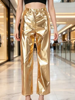 Pantalon de soirée décontracté argenté métallisé brillant à fente sur le devant taille haute en similicuir réfléchissant jambes larges pour femme