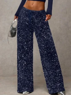 Pantalon de soirée à paillettes et cordon de serrage jambes larges pour femmes collection 2026