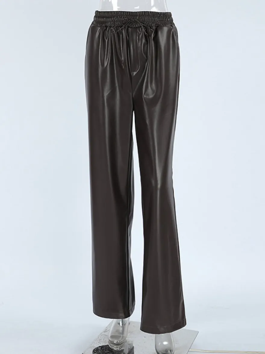 Pantalon large en similicuir à taille élastique et cordon de serrage