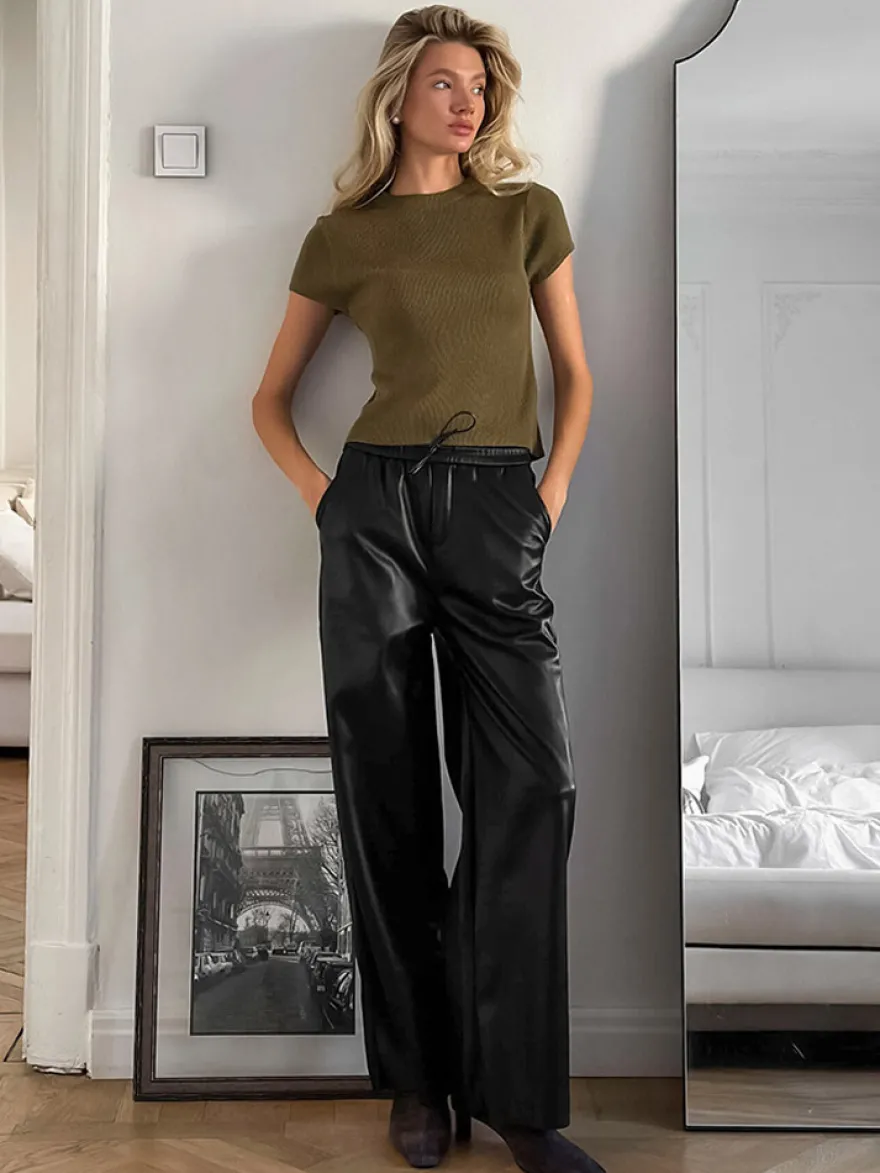 Pantalon large en similicuir à taille élastique et cordon de serrage